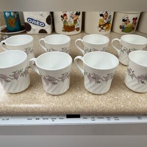 Corelle Wisteria Corningware Usa Mugs 8 Vintage Cups White and Purple Flowers
